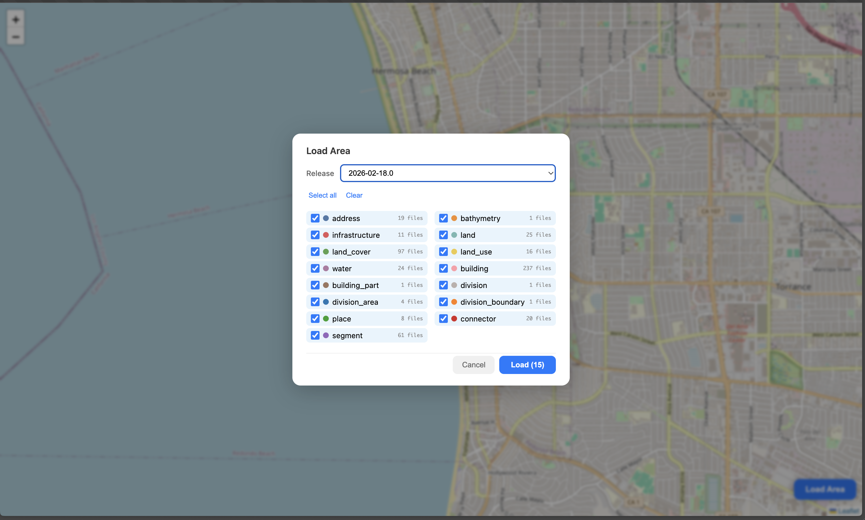 Load Area dialog with release selector and theme checklist