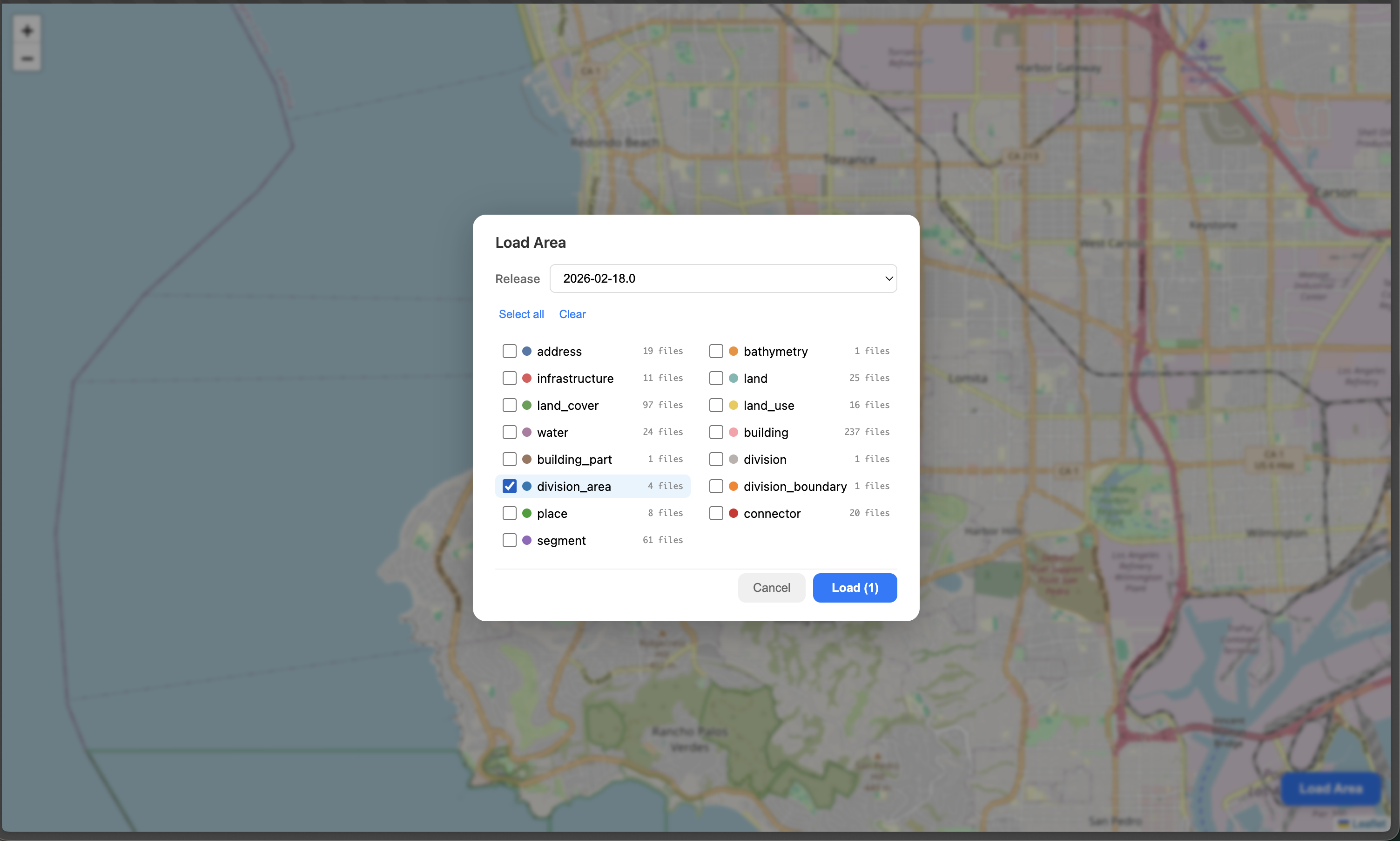 Load Area dialog with only division_area selected