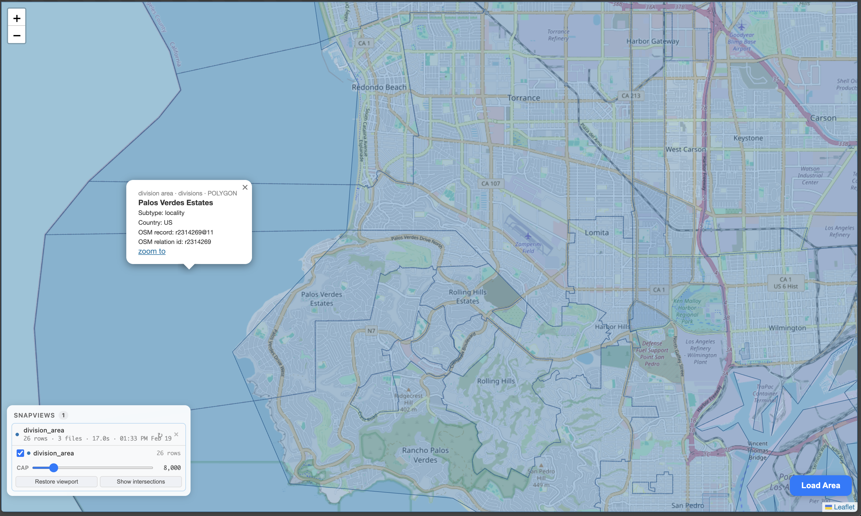 Tooltip for Palos Verdes Estates showing OSM IDs