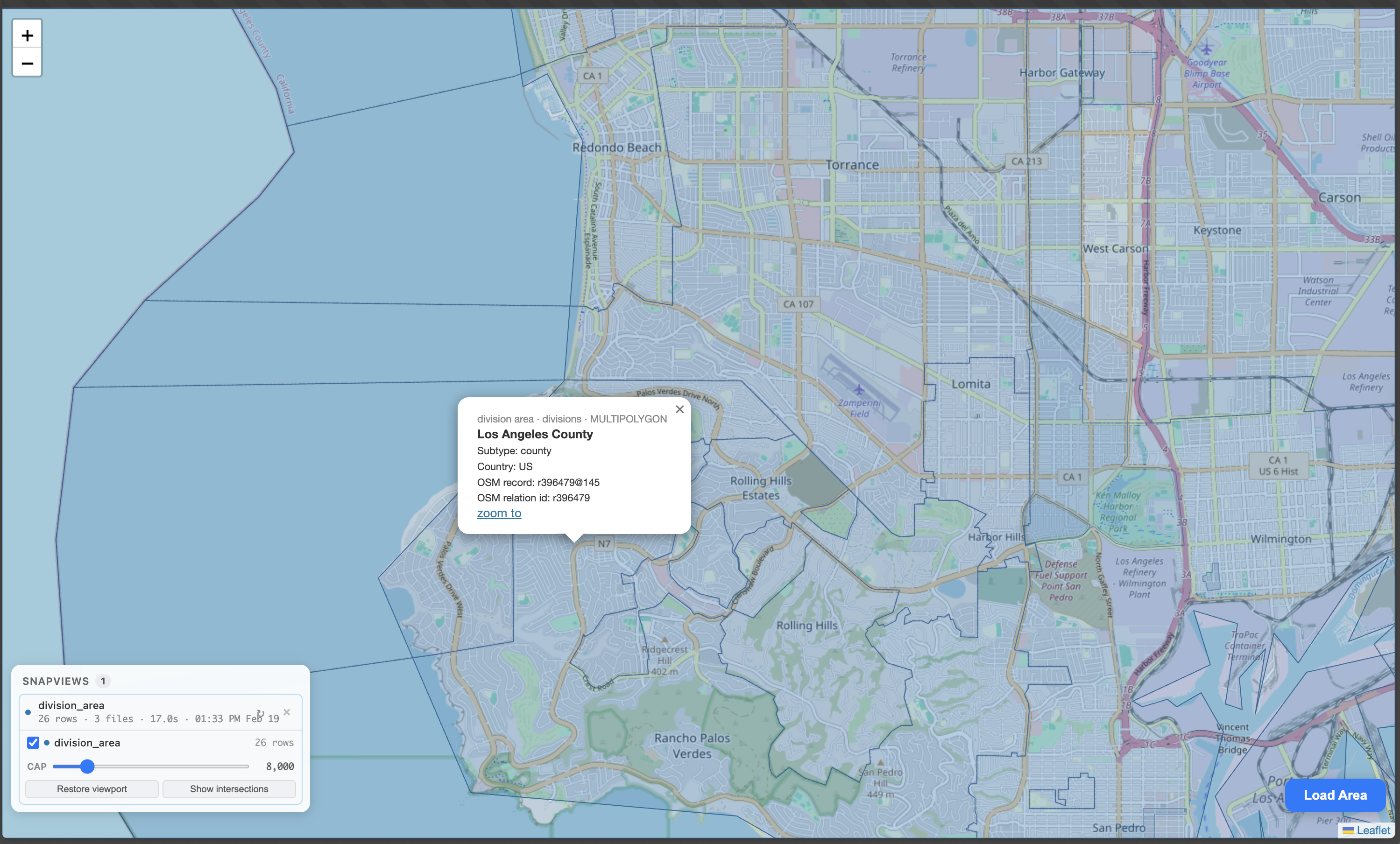 Tooltip for Los Angeles County showing OSM IDs