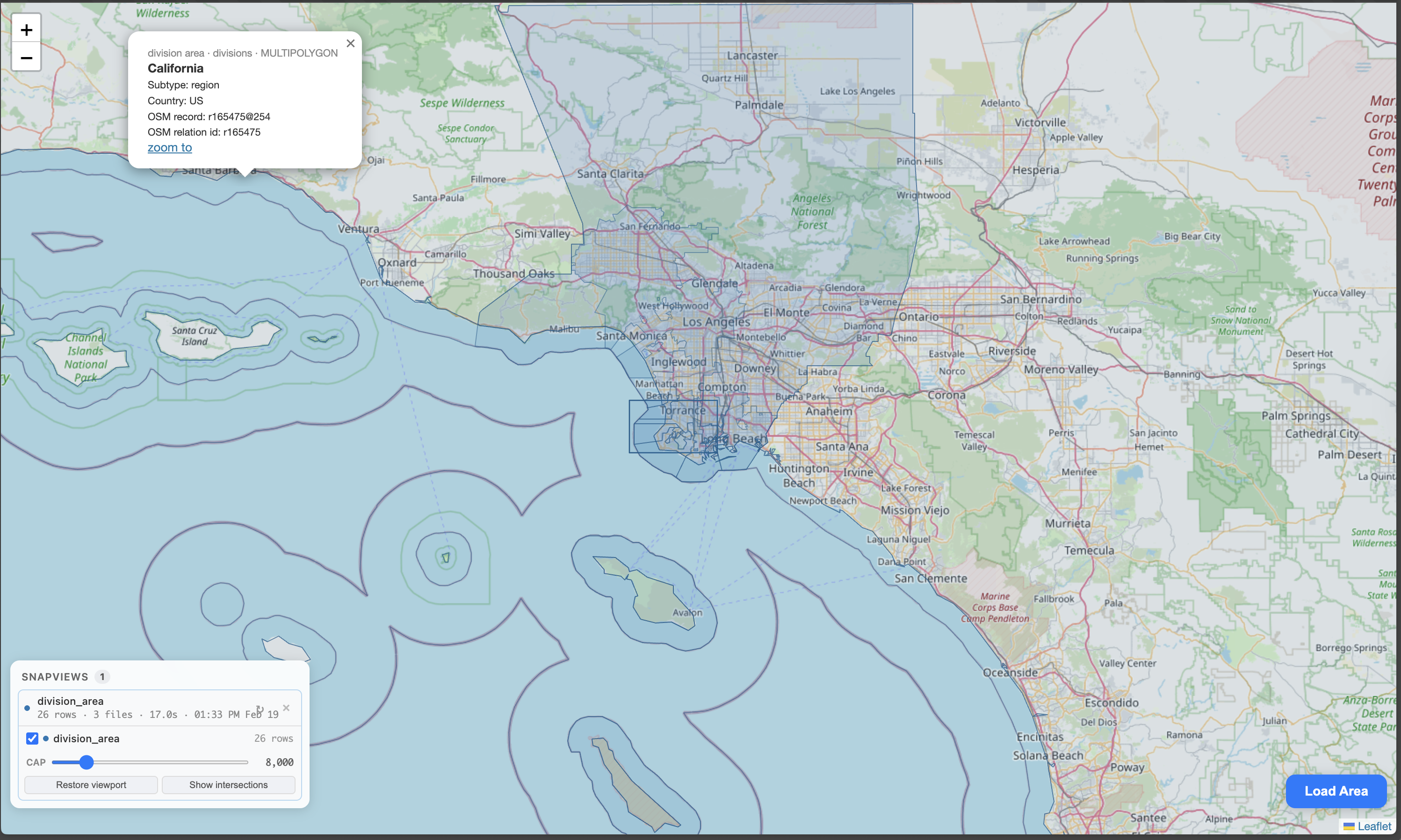 Tooltip for California showing OSM IDs
