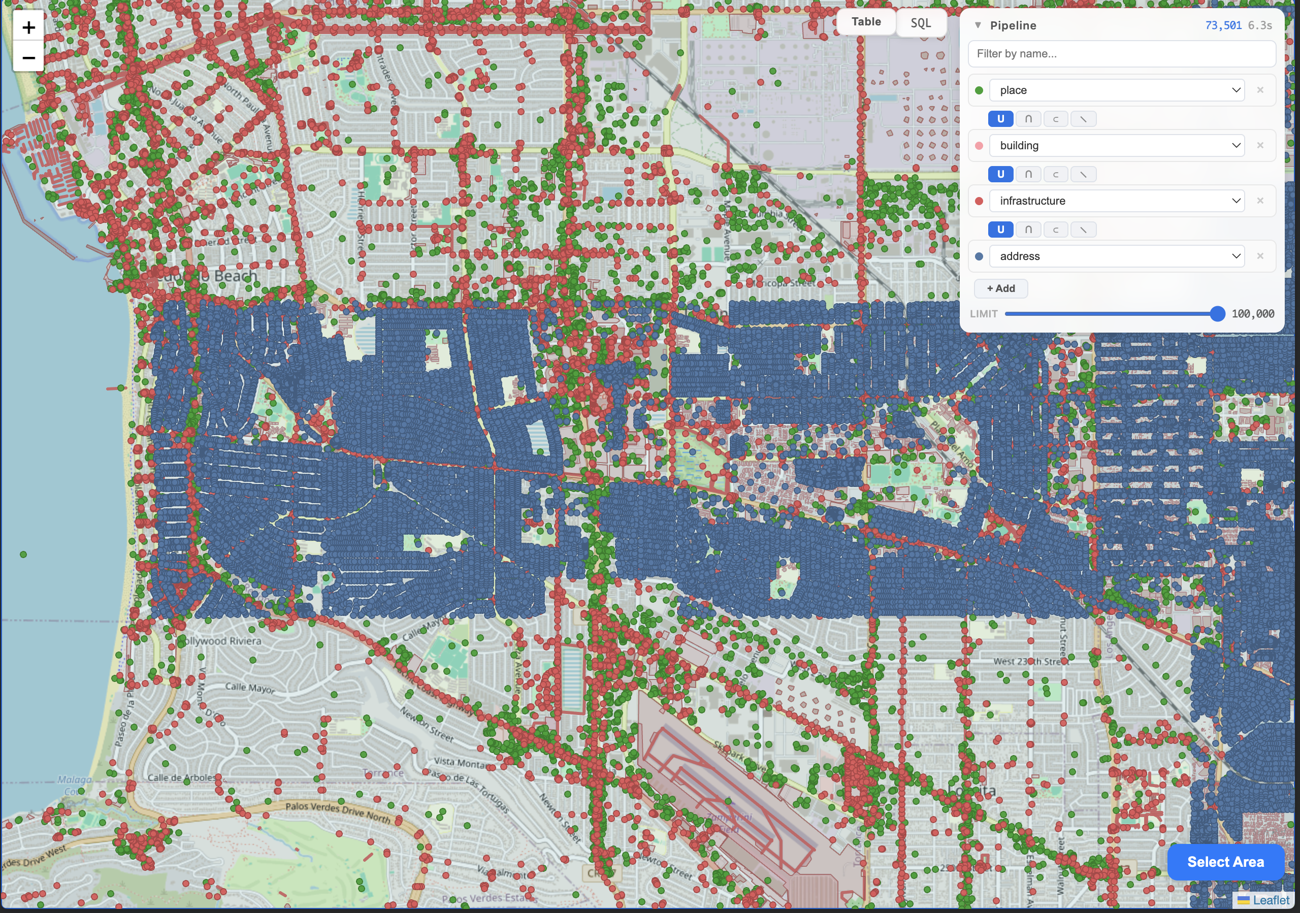 Dense 4-theme view: 73K rows across place, building, infrastructure, address