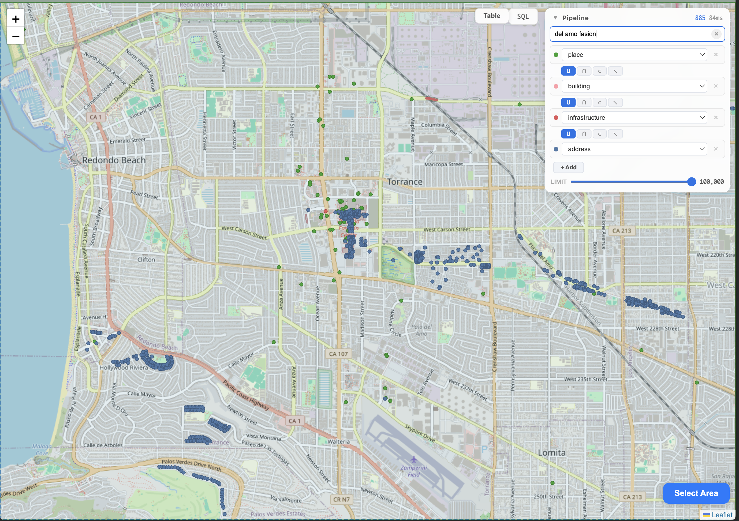 Map filtered by 'del amo fasion' search