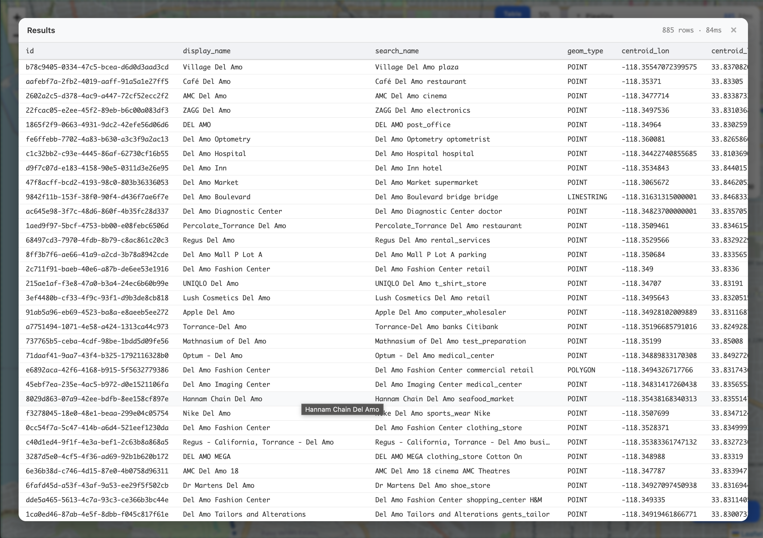 Table view with display_name, search_name, and score columns