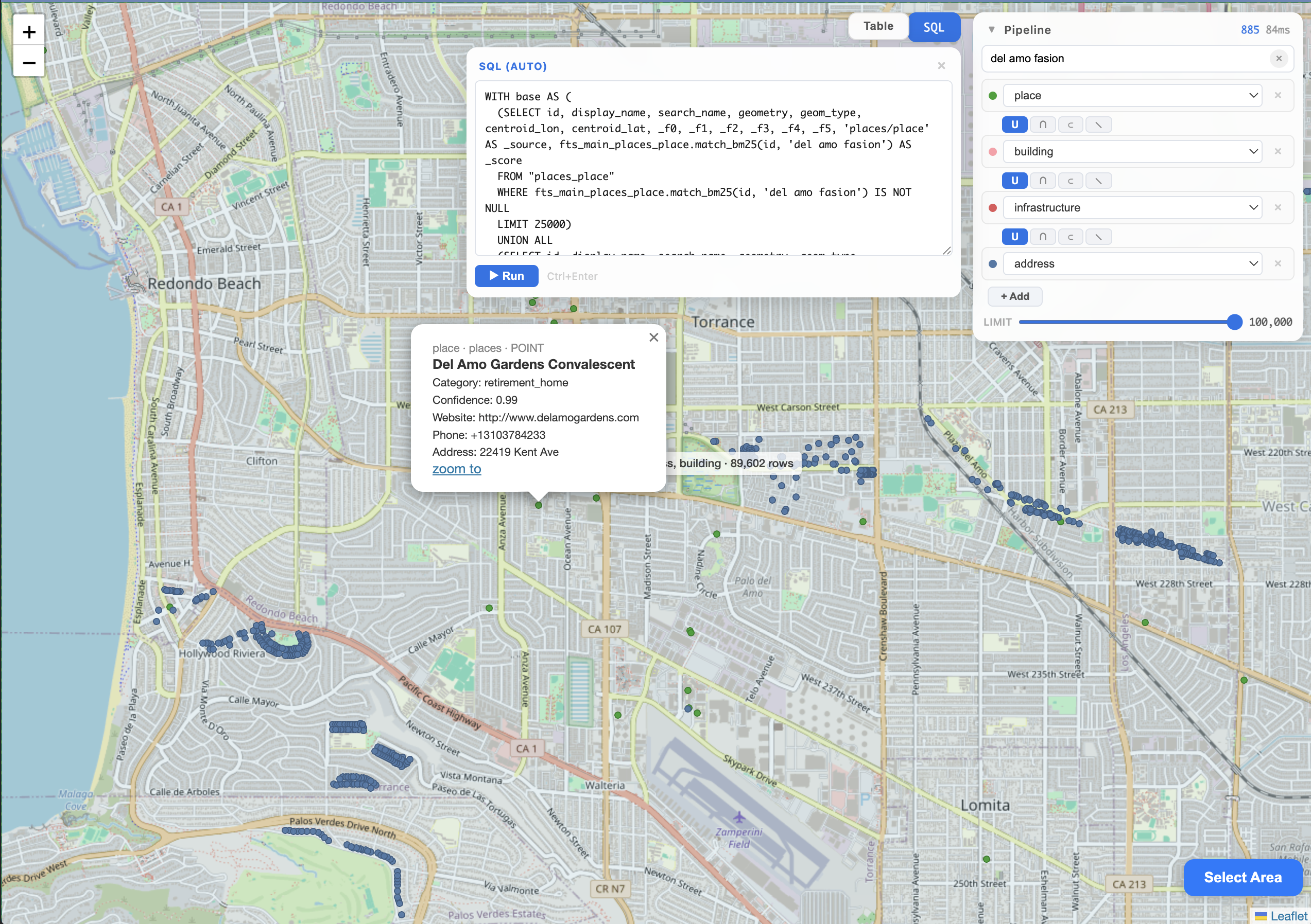 Auto-generated SQL with FTS match_bm25 and feature popup