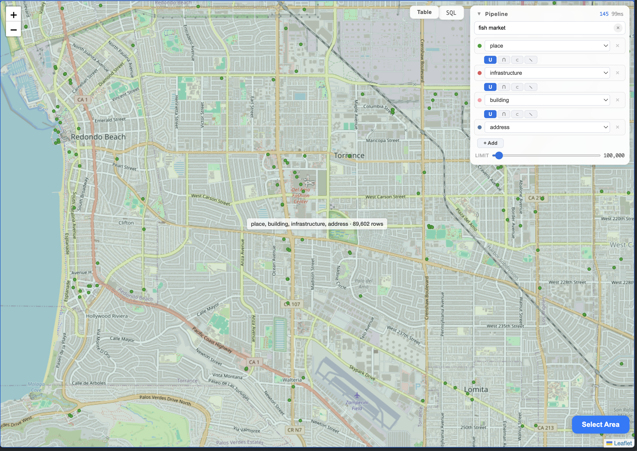 Map showing 'fish market' search results across four themes