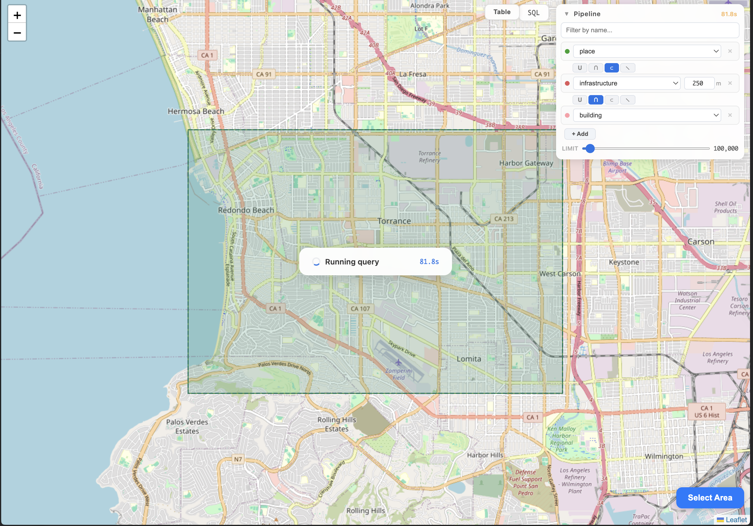 Large area selection with "Running query 61.8s" overlay