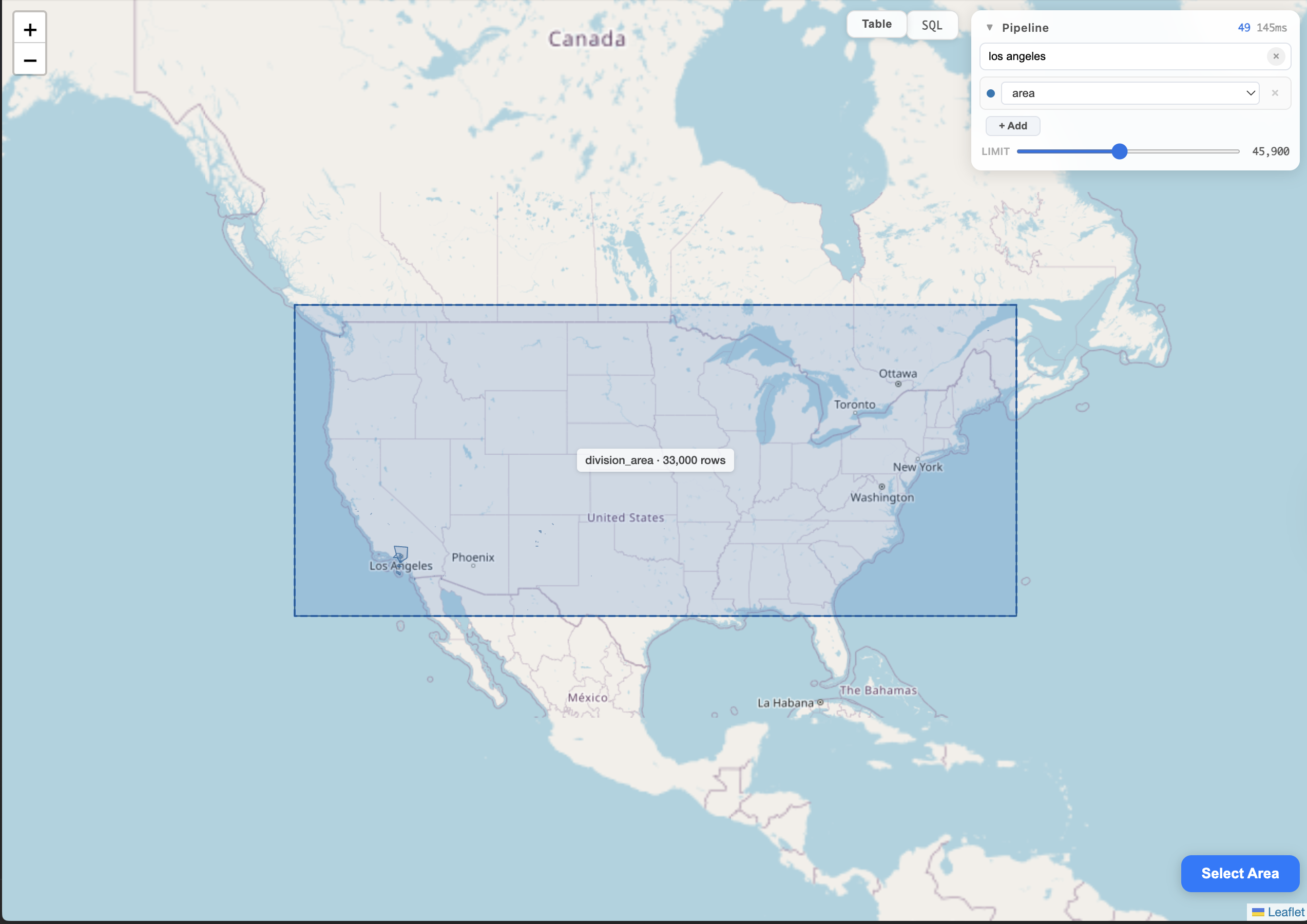 FTS search for 'los angeles' showing 49 results in 345ms