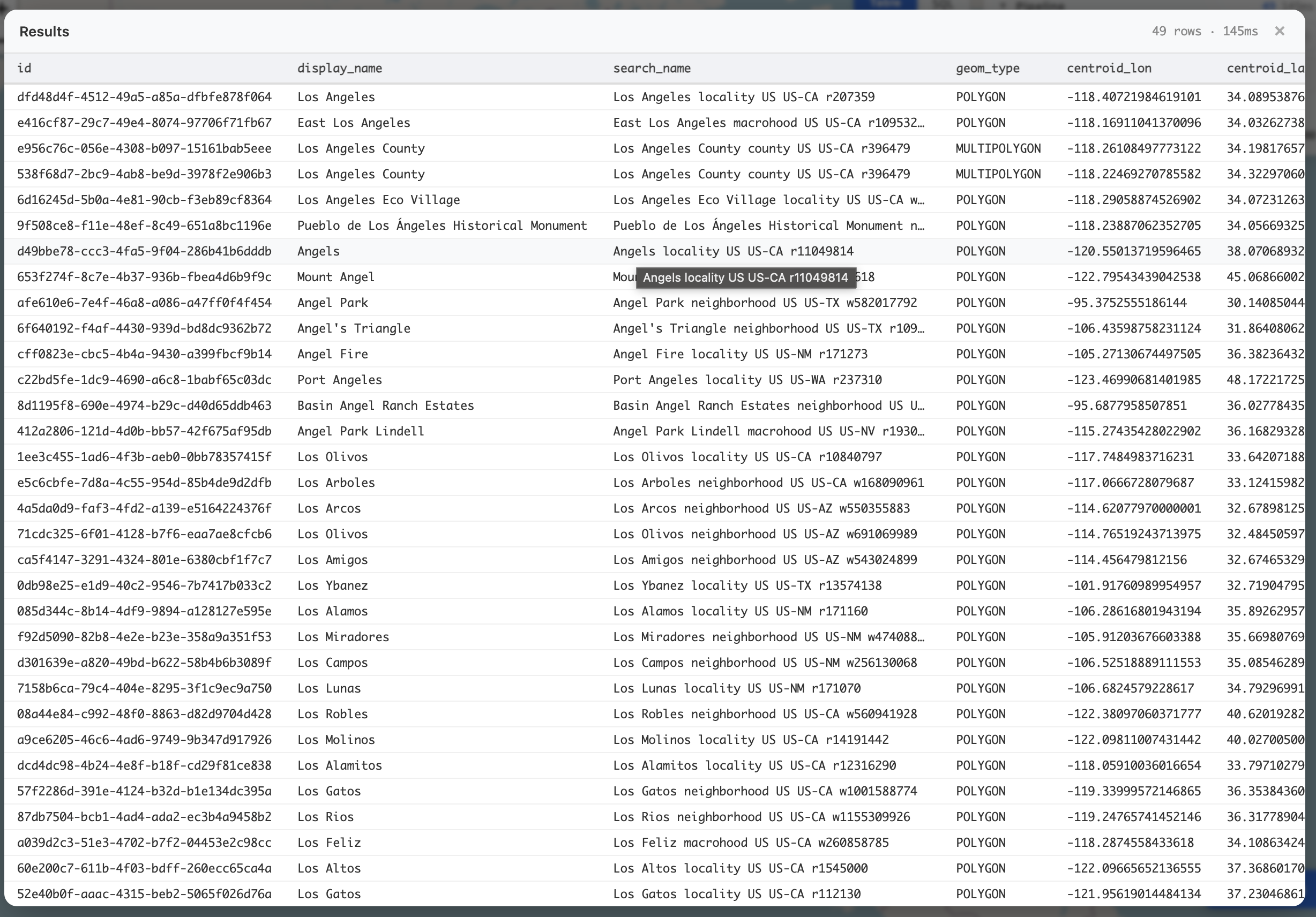 Table view showing Los Angeles search results with geom_type and centroid