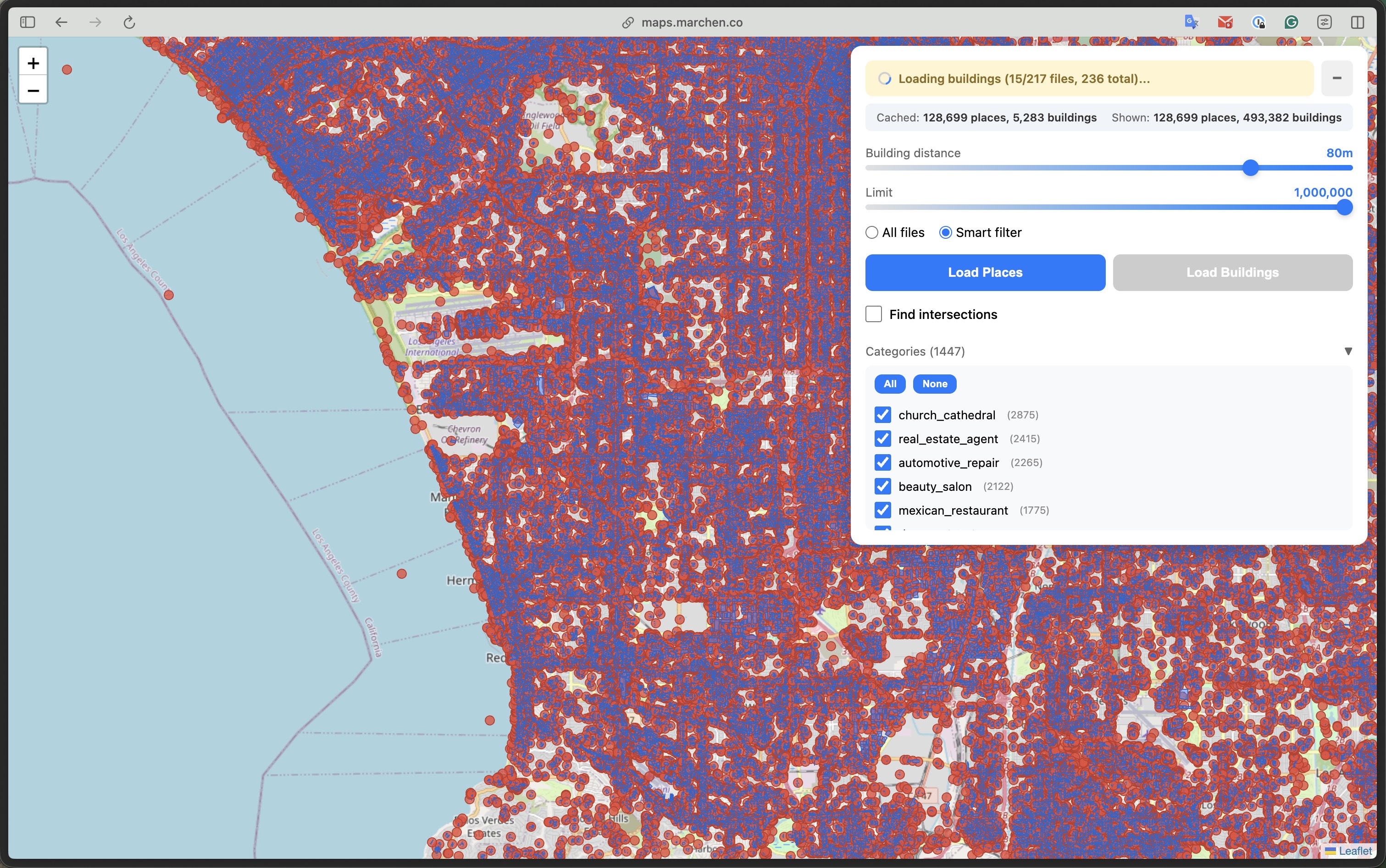 Browser-based SQL engine caching 128K places and 493K building footprints from GeoParquet