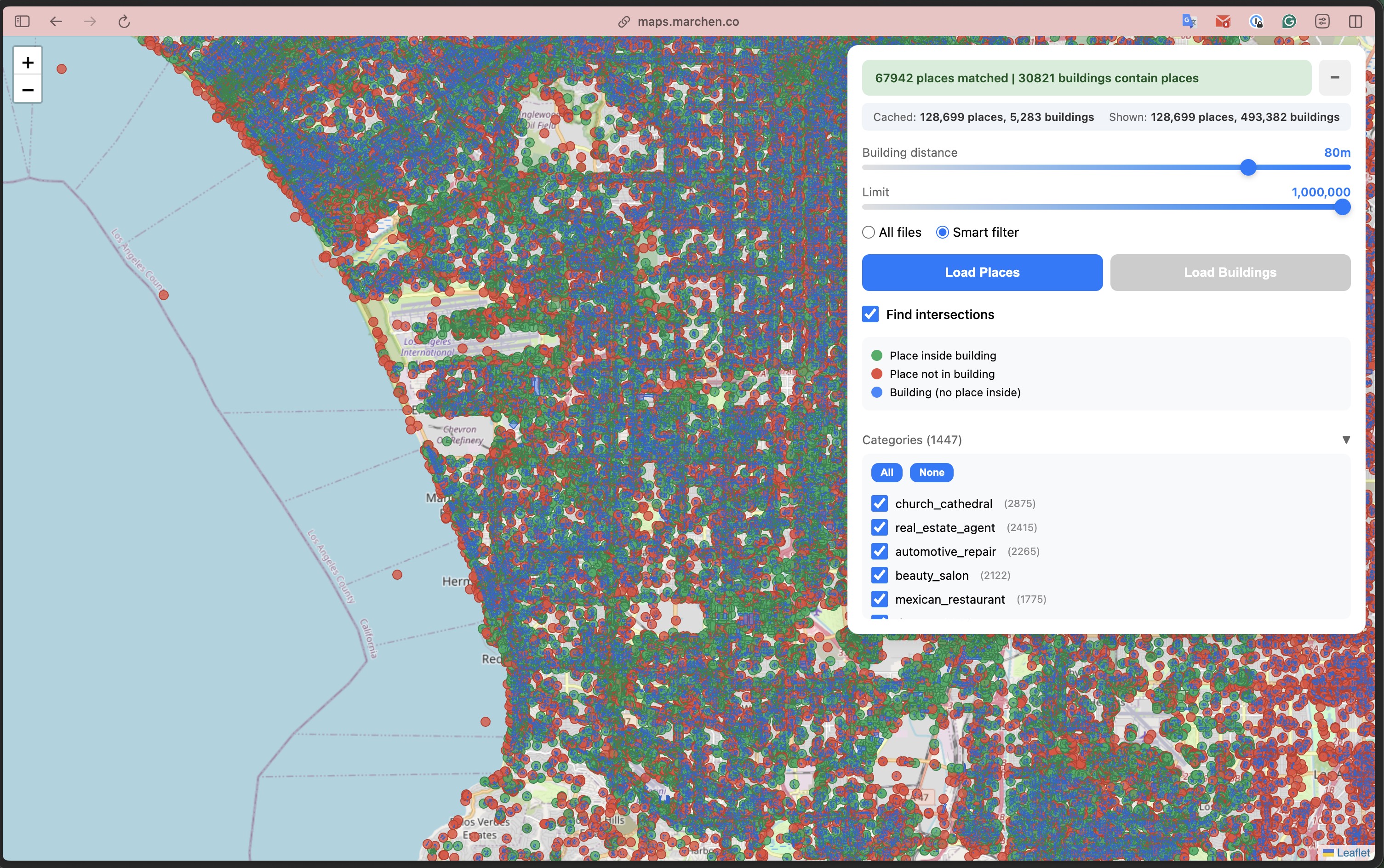 Spatial SQL join in browser: ST_Contains matching places to building polygons