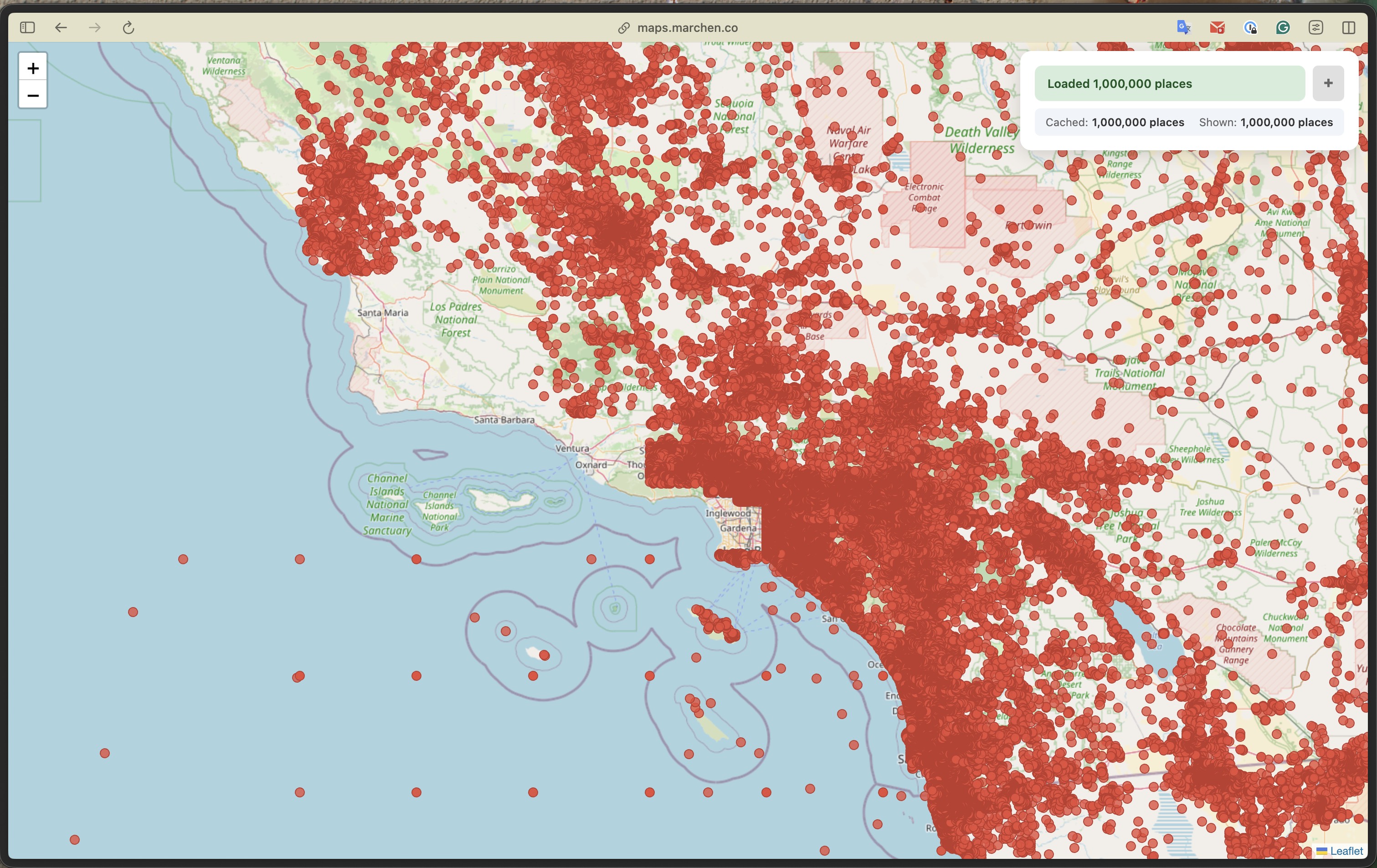 DuckDB WASM querying 1 million Overture Maps places across Southern California in browser