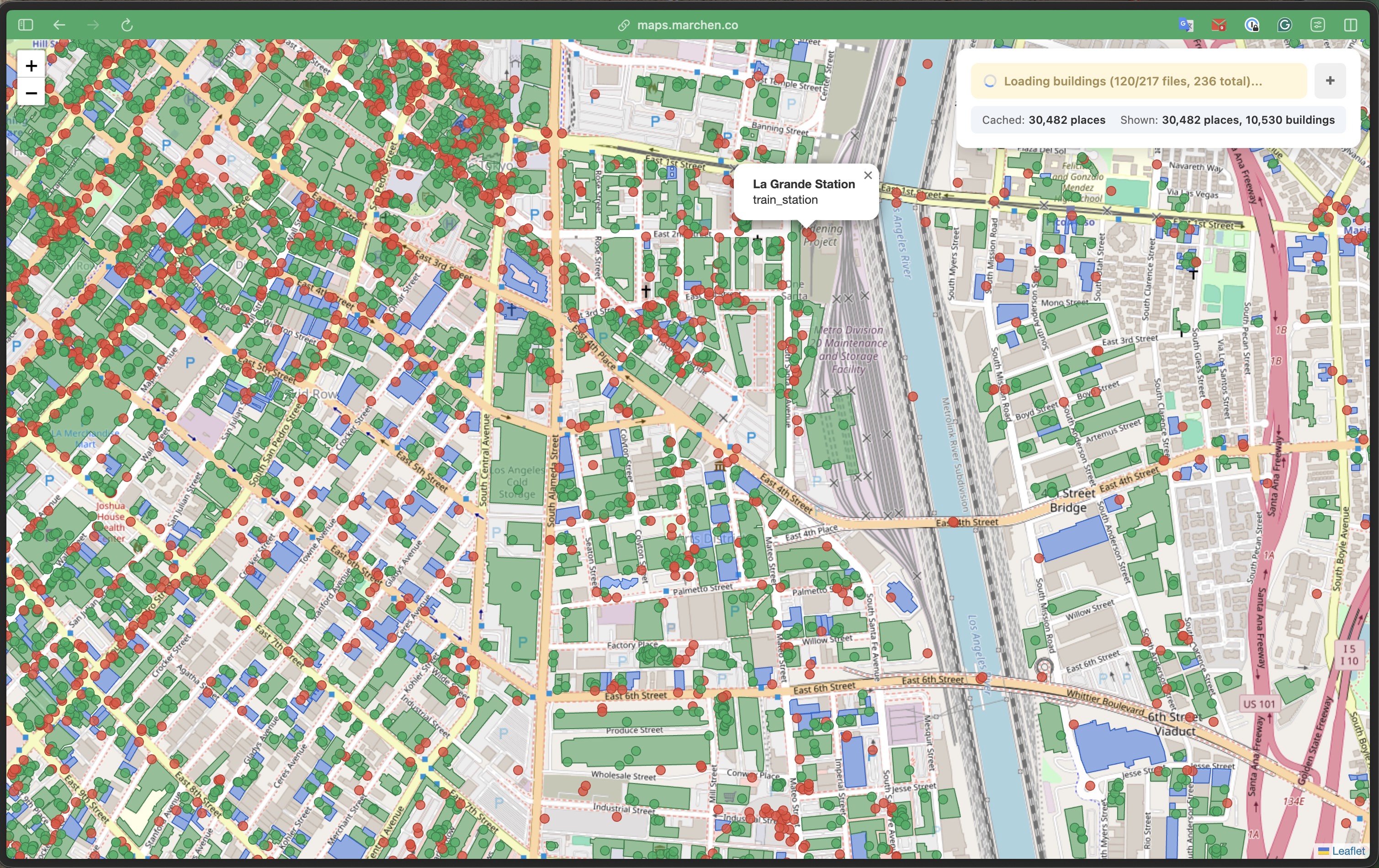 Overture Maps building footprints with POI popups queried via DuckDB in browser