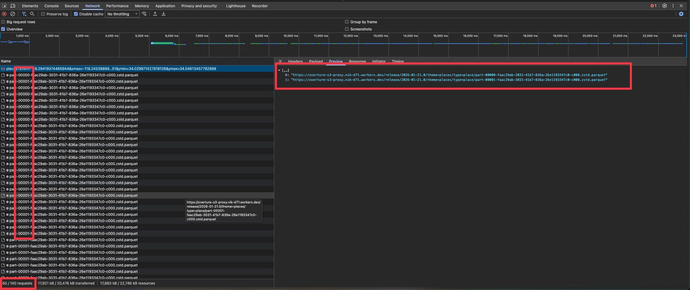 Chrome DevTools showing multiple HTTP range requests to the same Parquet file