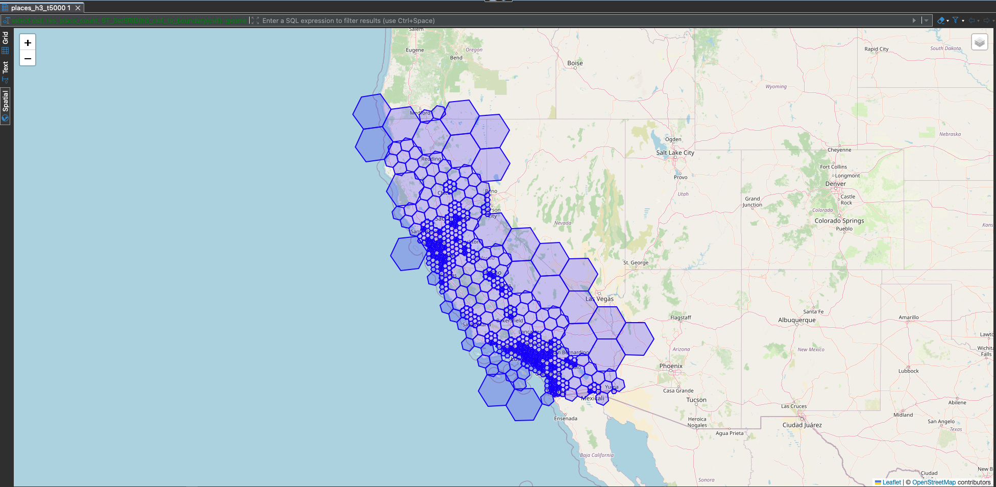 Adaptive H3 frontier along California with threshold=5,000