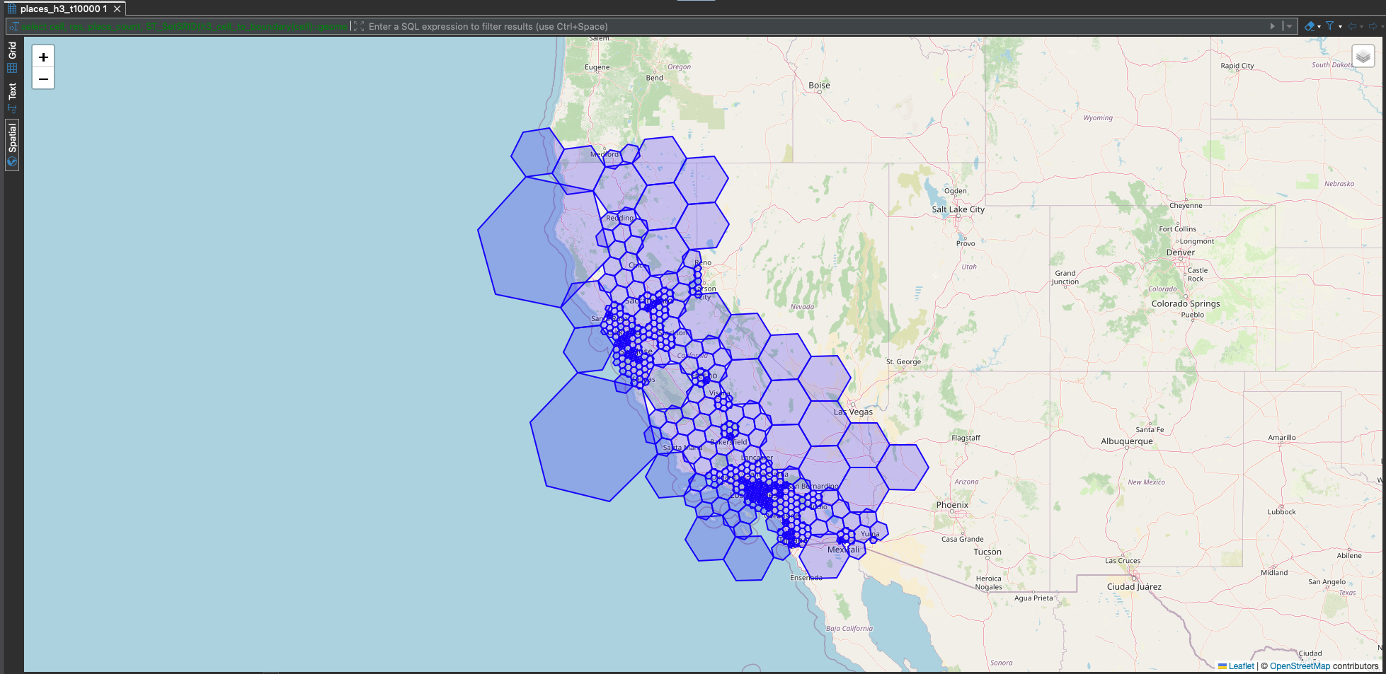 Adaptive H3 frontier along California with threshold=10,000