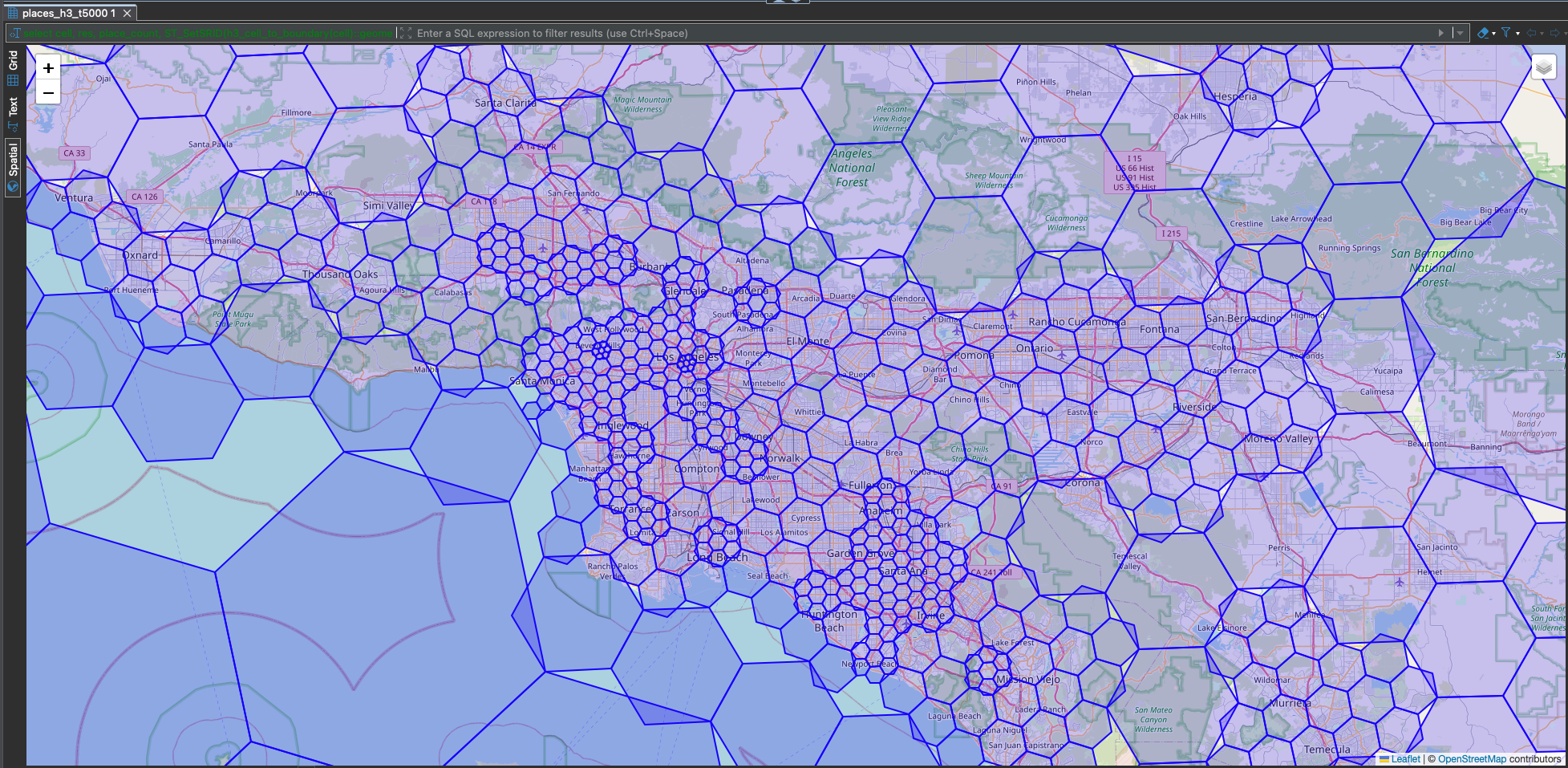 Zoomed view of Los Angeles area with threshold=5,000