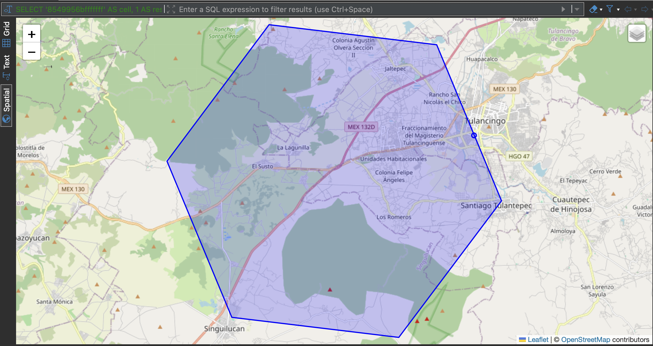 Boundary mismatch: a place point outside the H3 cell boundary polygon but correctly assigned by the index. H3's geographic containment is approximate; the logical index is exact.