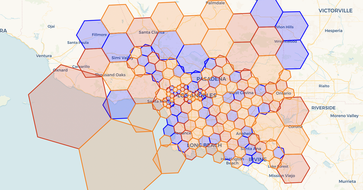 Los Angeles area split across 3 workers. Each color is one worker's cells — non-overlapping by construction. Dense urban core subdivides into finer hexes; sparse outskirts stay coarse.